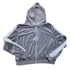 Gray Velour Track Jacket Hooded Full Zip 90's Y2K Streetwear Gorpcore Retro